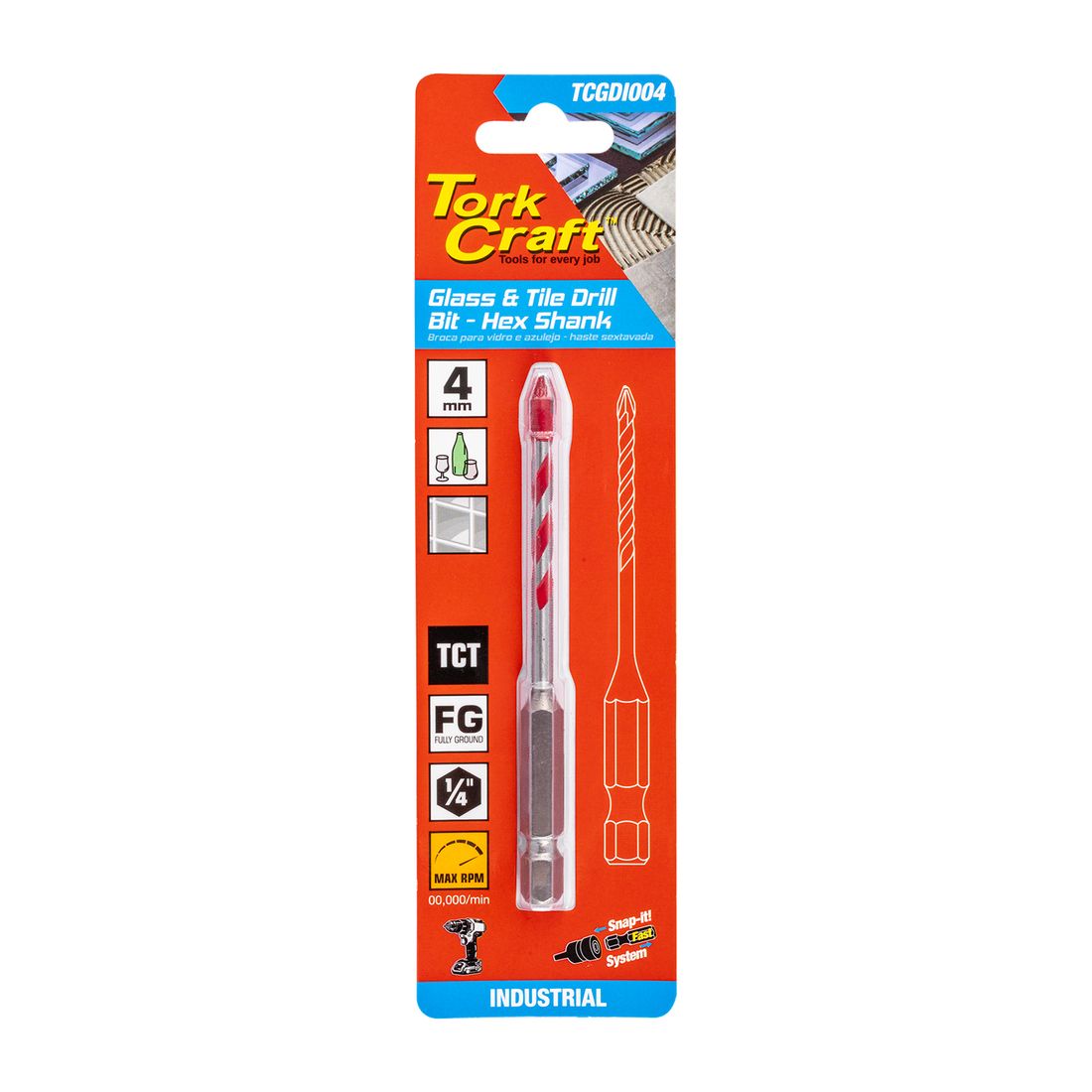 TORKCRAFT Glass & Tile Drill 4mm Hex Shank Industrial