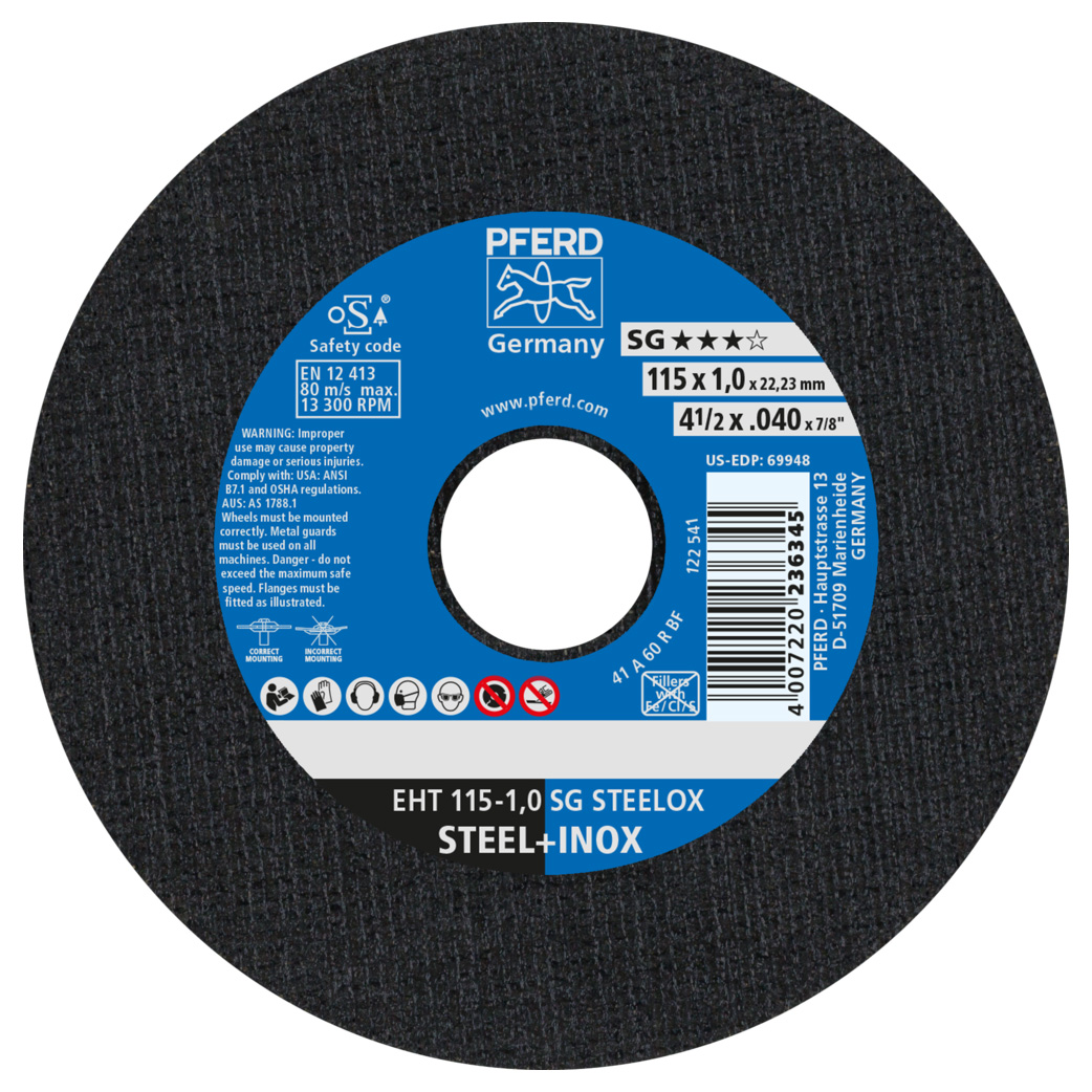 PFERD Cut-off wheel EHT 115x1.0x22.23 mm flat Performance Line SG STEELOX for steel/stainless steel (10)