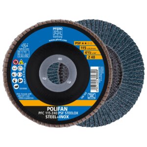 PFERD POLIFAN flap disc PFC 115x22.23 mm conical Z40 Uni. Line PSF STEELOX/1 steel/stainless steel
