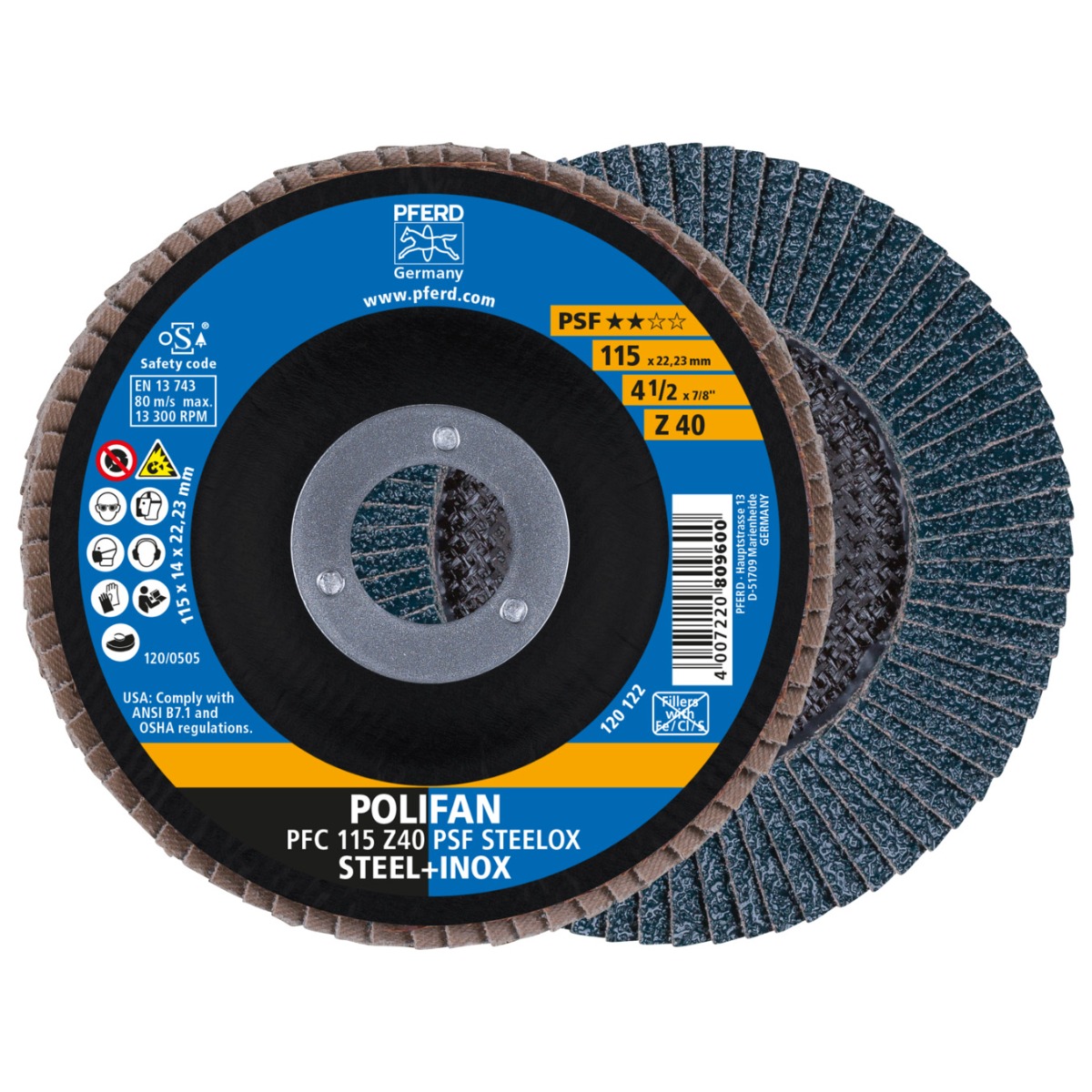 PFERD POLIFAN flap disc PFC 115x22.23 mm conical Z40 Uni. Line PSF STEELOX/1 steel/stainless steel