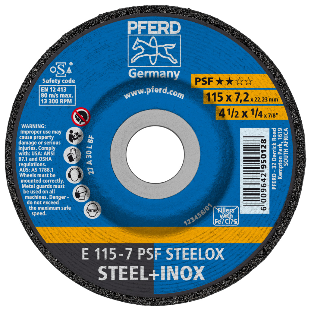 PFERD Grinding wheel E 115x7.2x22.23 mm Universal Line PSF STEELOX for steel/stainless steel