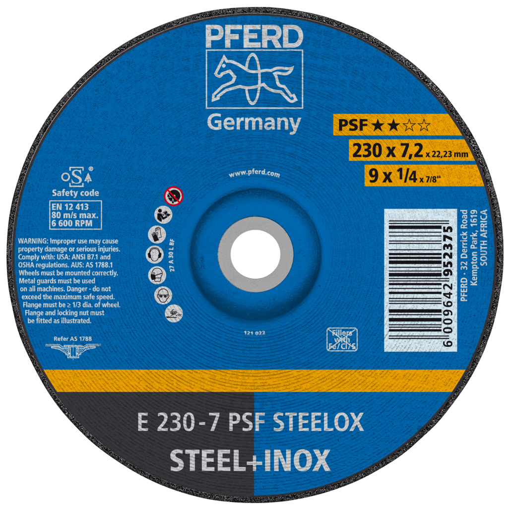 PFERD Grinding wheel E 230x7.2x22.23 mm Universal Line PSF STEELOX for steel/stainless steel