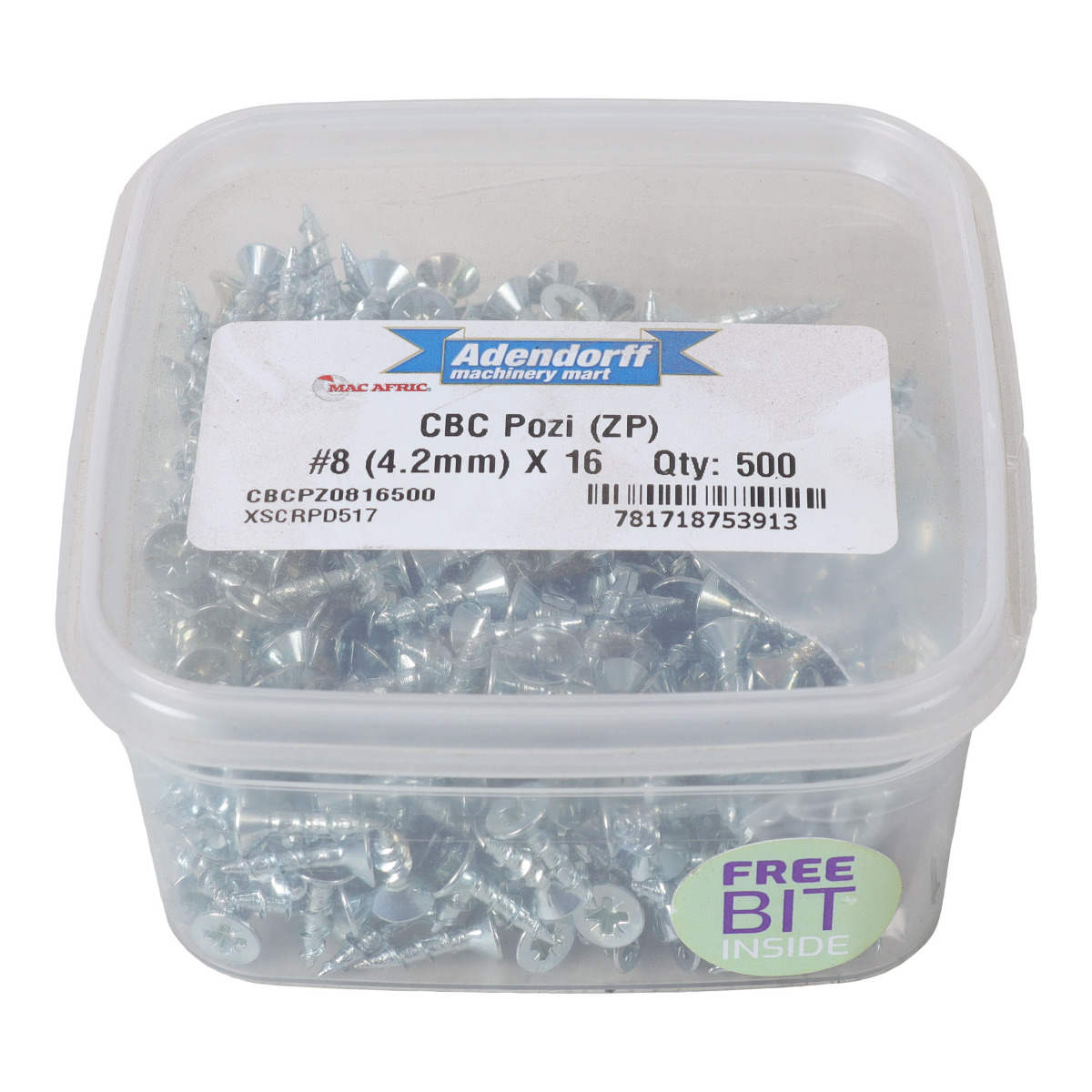 CBC POZI (ZP) #8 (4.2MM) X 16 (BIT INCL.) QTY:500(CBCPZ0816500)